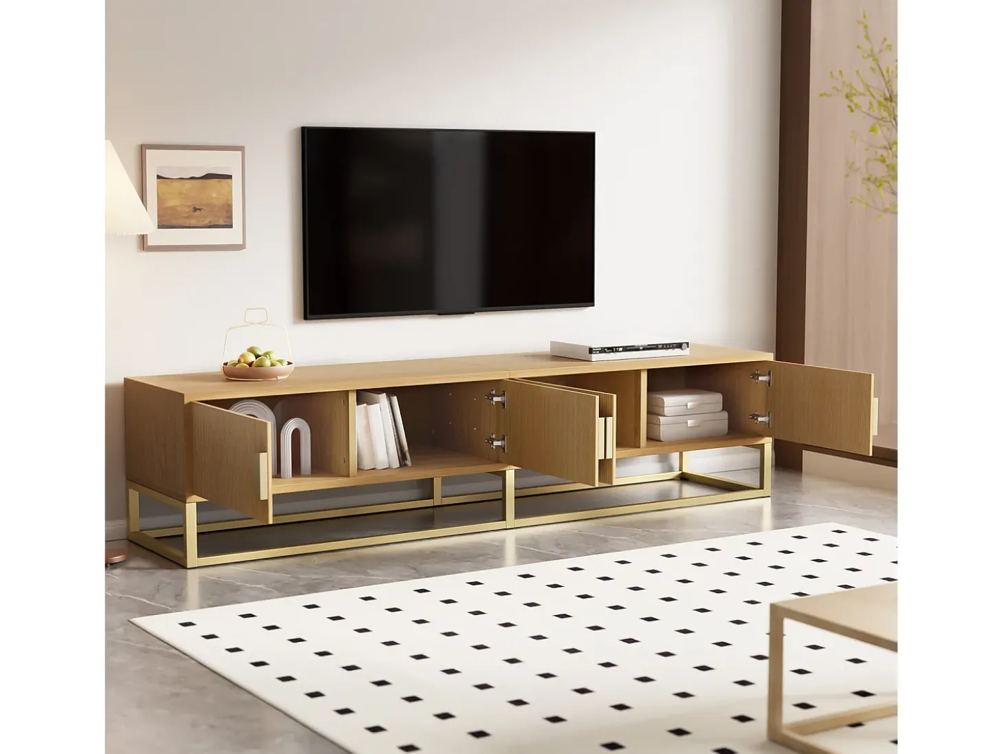 Móvel para TV de 180 cm, 4 portas, para sala de estar e quarto, branco, com puxador semicircular.