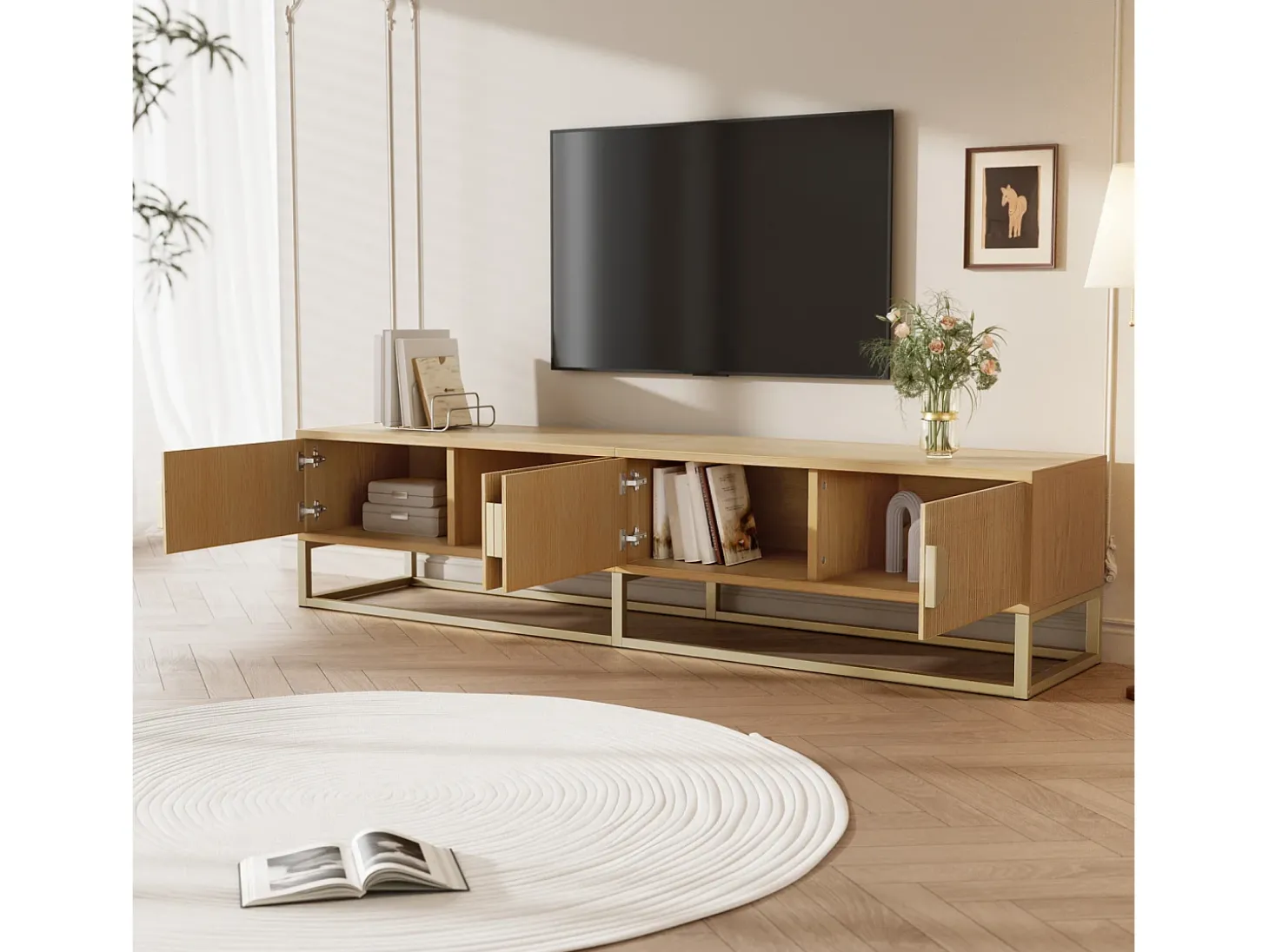 Móvel para TV de 180 cm, 4 portas, para sala de estar e quarto, branco, com puxador semicircular.