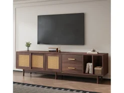 Móvel para TV de 190 cm com gavetas, MDF marrom com detalhes em rattan.
