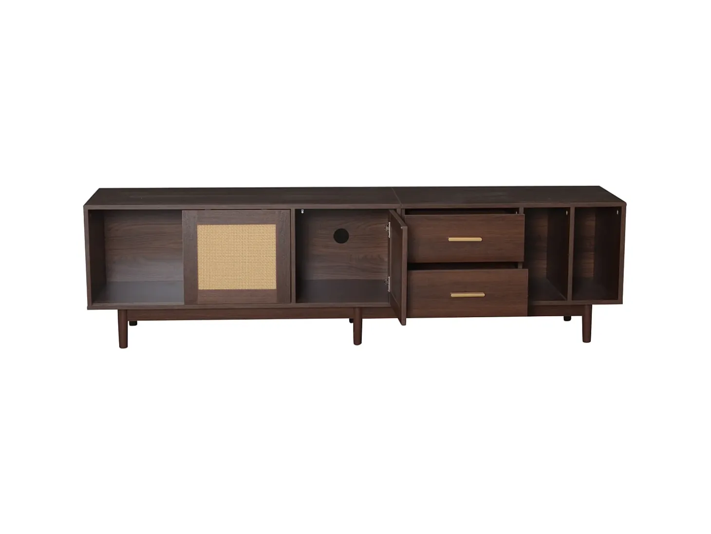 Móvel para TV de 190 cm com gavetas, MDF marrom com detalhes em rattan.