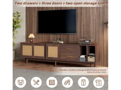 Móvel para TV de 190 cm com gavetas, MDF marrom com detalhes em rattan.
