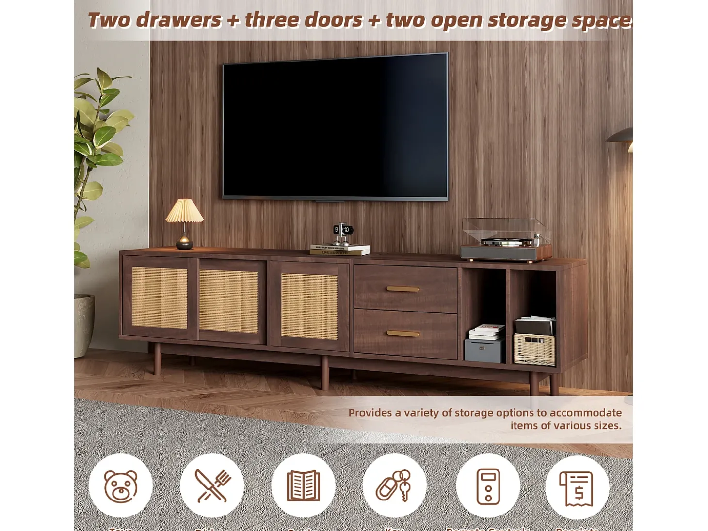 Móvel para TV de 190 cm com gavetas, MDF marrom com detalhes em rattan.