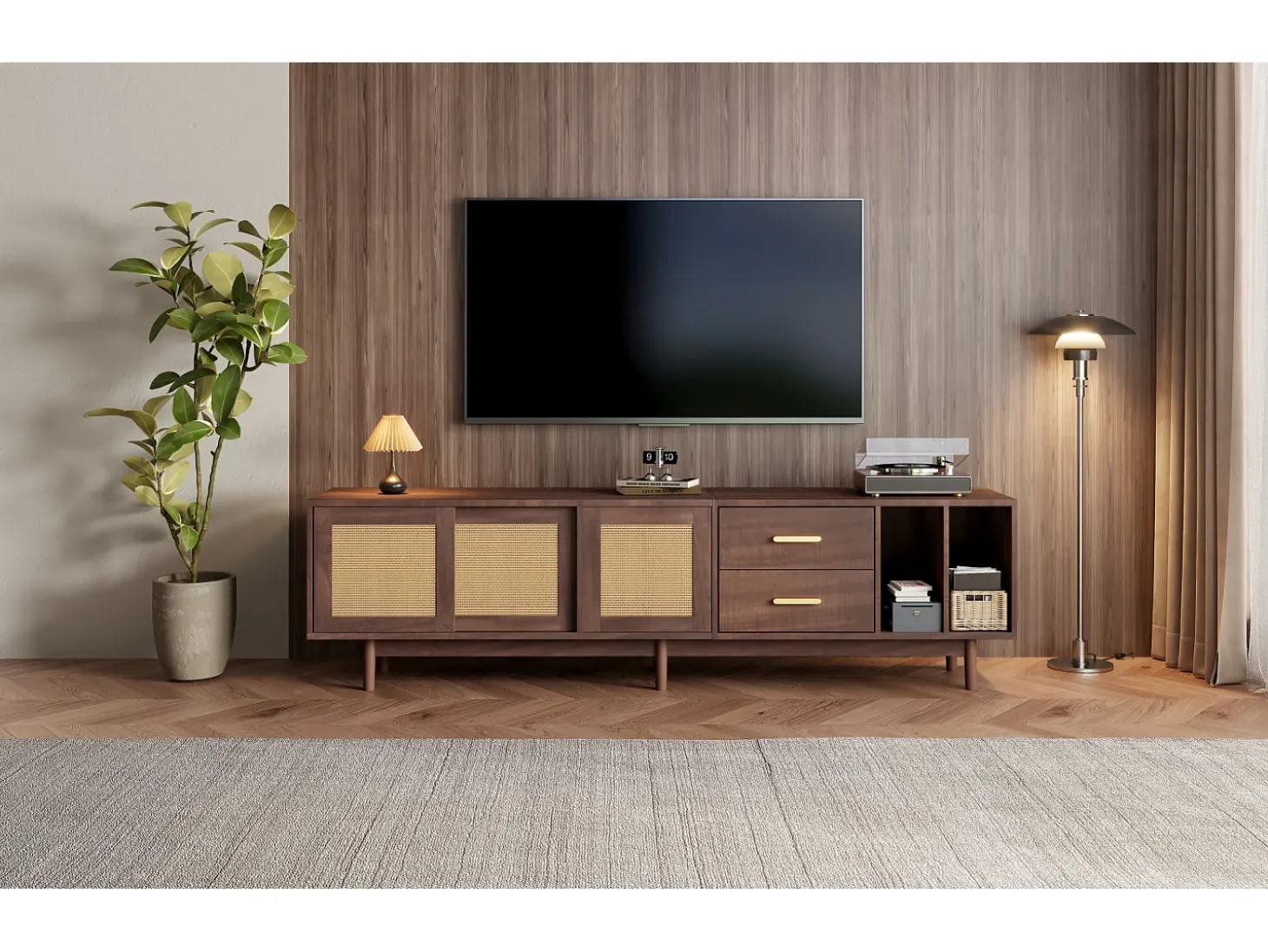 Móvel para TV de 190 cm com gavetas, MDF marrom com detalhes em rattan.