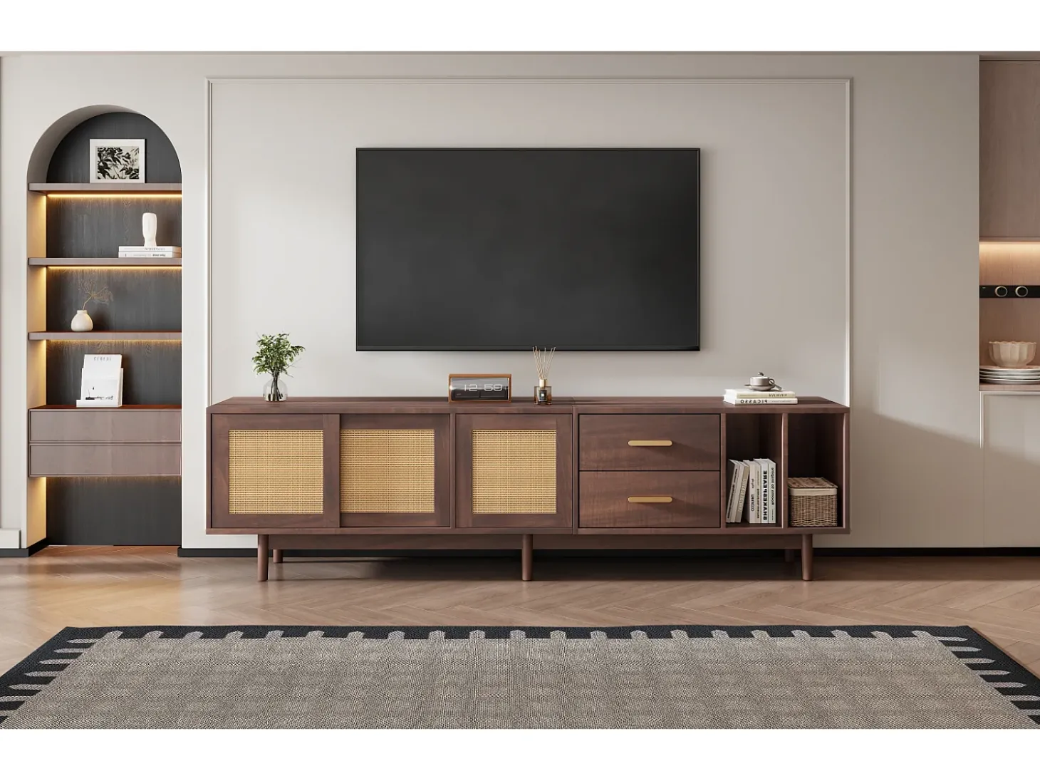 Móvel para TV de 190 cm com gavetas, MDF marrom com detalhes em rattan.