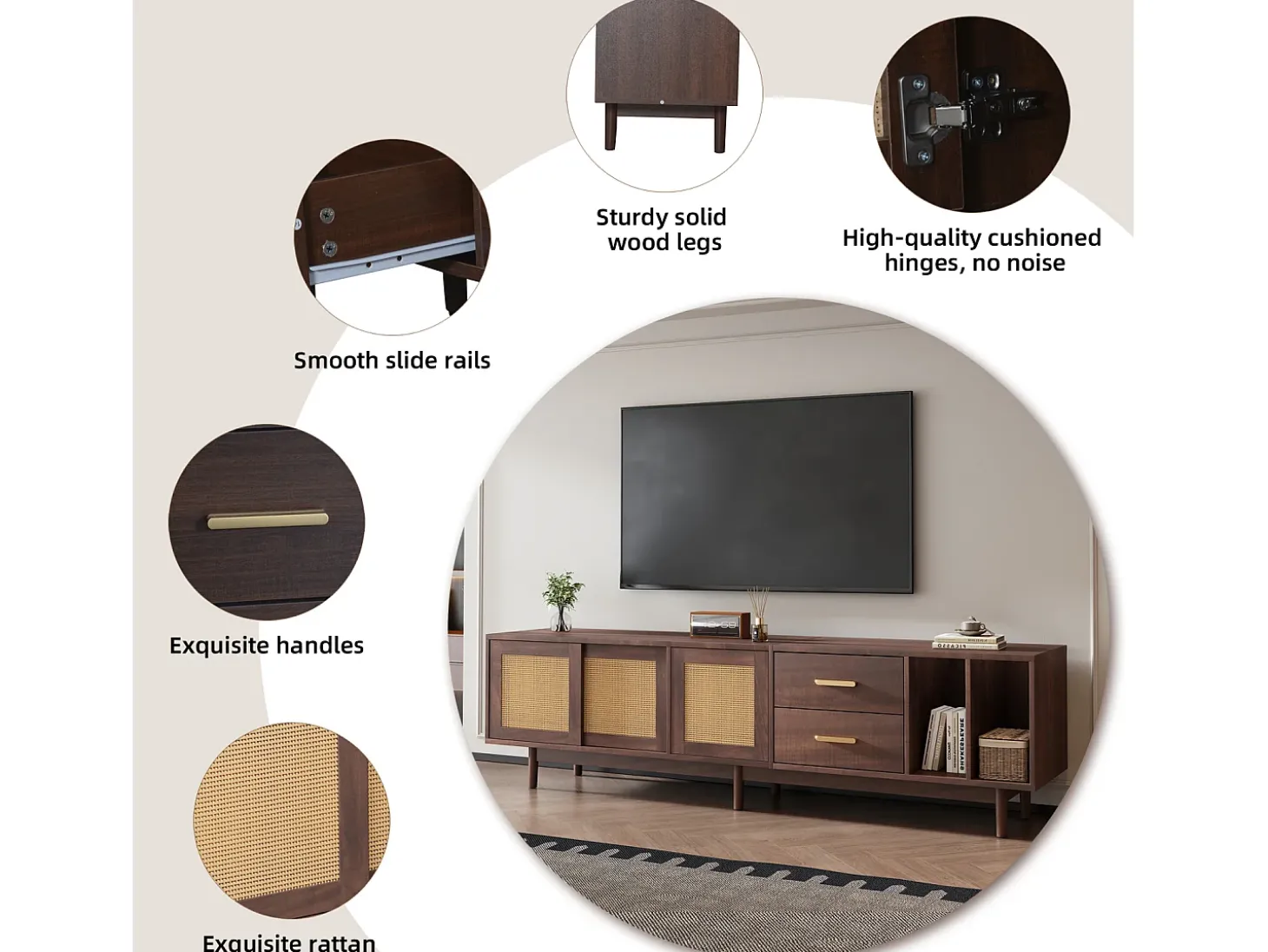 Móvel para TV de 190 cm com gavetas, MDF marrom com detalhes em rattan.