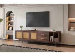 Móvel para TV de 190 cm com gavetas, MDF marrom com detalhes em rattan.