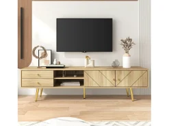 Móvel para TV de 160 cm com pés dourados - Móvel moderno para TV com 2 gavetas e 2 portas - Madeira resistente