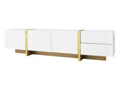 Móvel para TV de 190 cm, móvel de arrumação, 3 portas e 2 gavetas, branco com dourado e grão de madeira