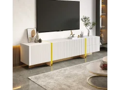 Móvel para TV de 190 cm, móvel de arrumação, 3 portas e 2 gavetas, branco com dourado e grão de madeira