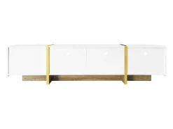 Móvel para TV de 190 cm, móvel de arrumação, 3 portas e 2 gavetas, branco com dourado e grão de madeira