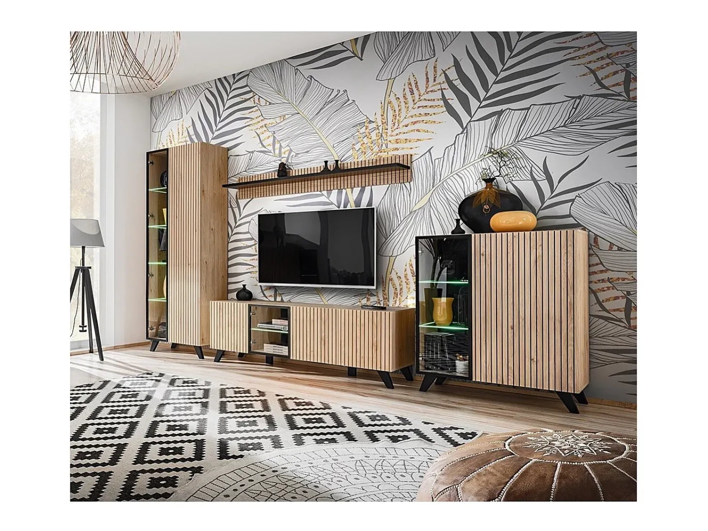 Móvel para TV de 160cm, cor carvalho e preto com iluminação LED integrada, coleção NIELSEN.