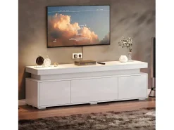 Móvel para TV de sala de estar - 150 x 35 x 43 cm - com 3 portas + LEDs + compartimentos de armazenamento - aglomerado - branco