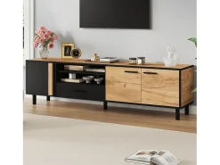 Móvel para TV de sala de estar - 180 x 32,5 x 50 cm - com 3 portas + 1 gaveta + prateleira - para TVs de 80 polegadas - aglomerado - preto + natural