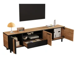 Móvel para TV de sala de estar - 180 x 32,5 x 50 cm - com 3 portas + 1 gaveta + prateleira - para TVs de 80 polegadas - aglomerado - preto + natural