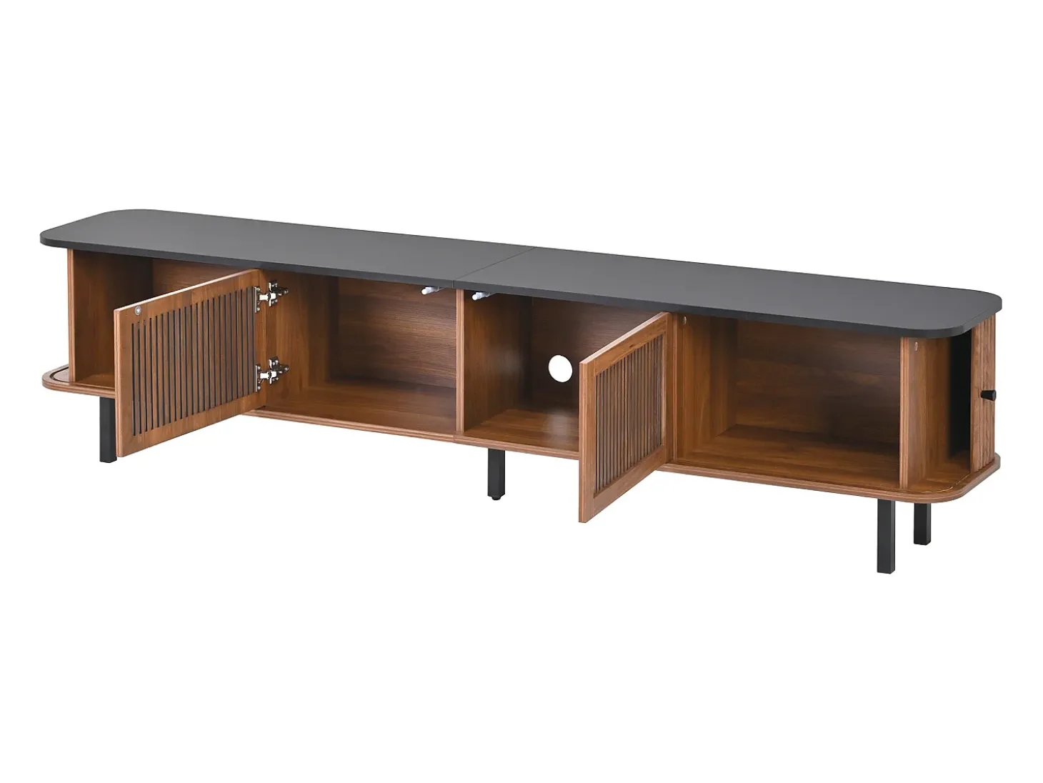 Móvel para TV de 190x35x45 cm com 2 portas de correr e 2 portas de ecrã - Cor: Madeira escura e preto