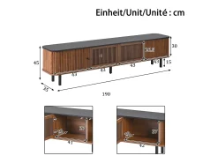 Móvel para TV de 190x35x45 cm com 2 portas de correr e 2 portas de ecrã - Cor: Madeira escura e preto