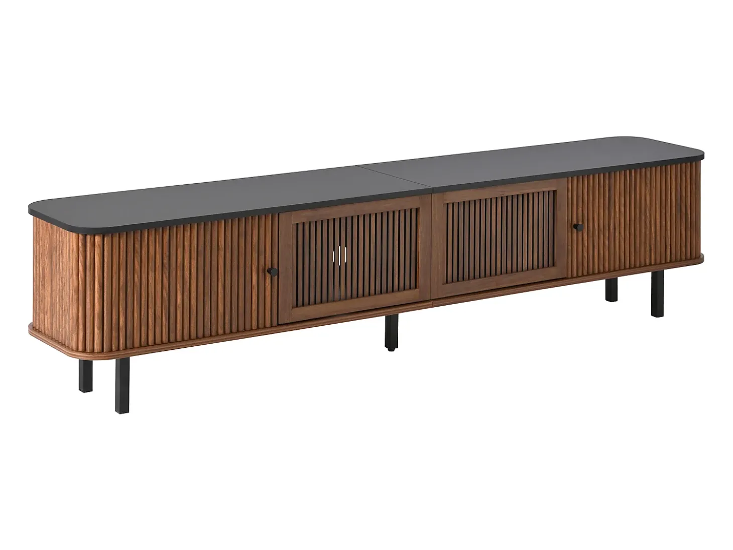 Móvel para TV de 190x35x45 cm com 2 portas de correr e 2 portas de ecrã - Cor: Madeira escura e preto
