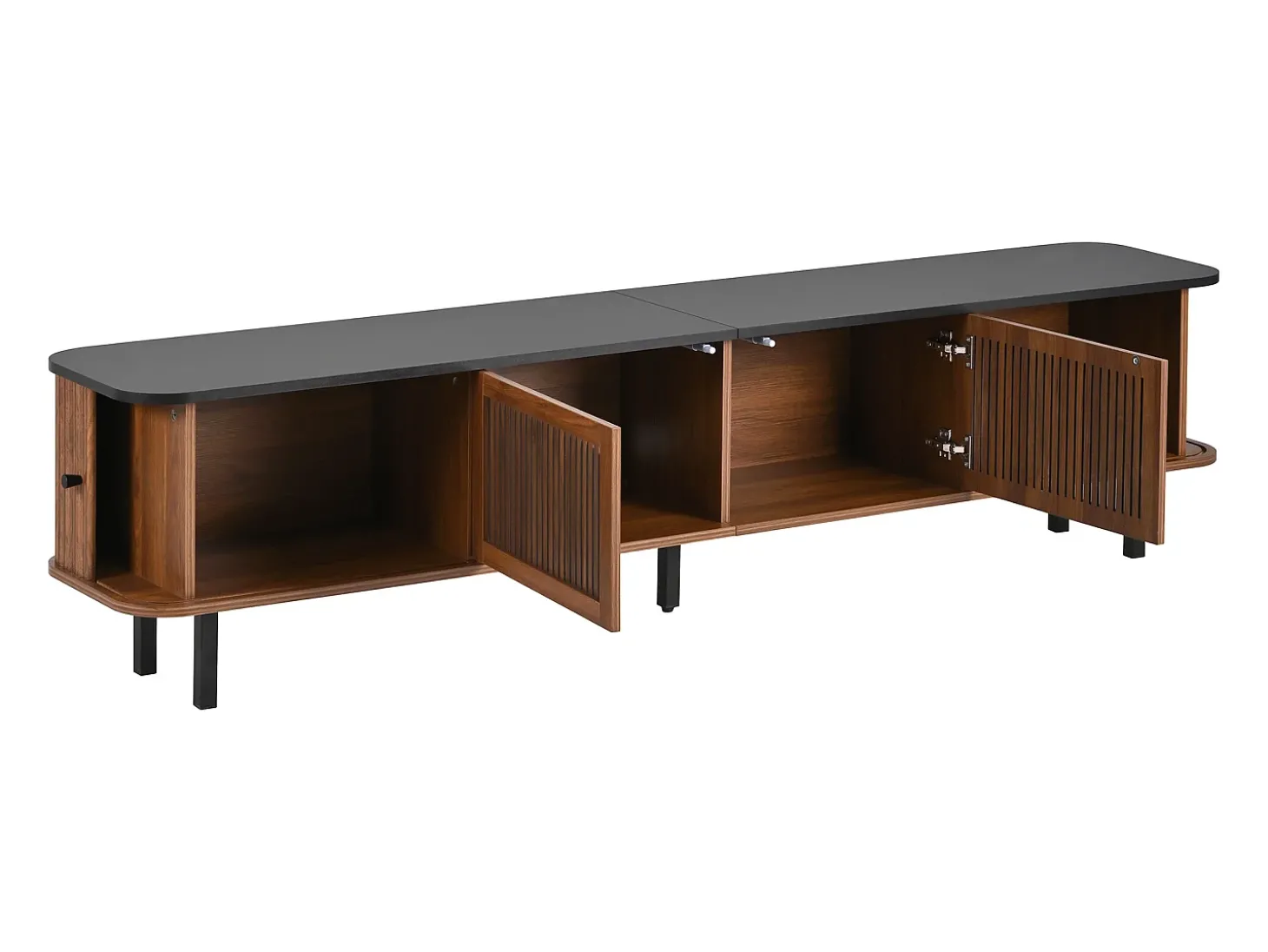 Móvel para TV de 190x35x45 cm com 2 portas de correr e 2 portas de ecrã - Cor: Madeira escura e preto