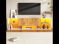 Móvel para TV de 160x40x42cm com 2 gavetas e 2 prateleiras em vidro, LED incluído, estrutura em madeira com detalhes em branco.