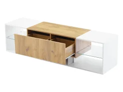 Móvel para TV de 160x40x42cm com 2 gavetas e 2 prateleiras em vidro, LED incluído, estrutura em madeira com detalhes em branco.