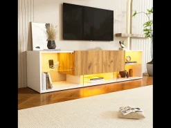 Móvel para TV de 160x40x42cm com 2 gavetas e 2 prateleiras em vidro, LED incluído, estrutura em madeira com detalhes em branco.