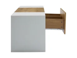 Móvel para TV de 160x40x42cm com 2 gavetas e 2 prateleiras em vidro, LED incluído, estrutura em madeira com detalhes em branco.