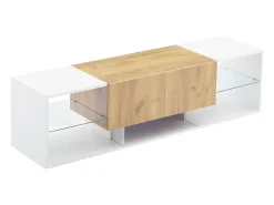 Móvel para TV de 160x40x42cm com 2 gavetas e 2 prateleiras em vidro, LED incluído, estrutura em madeira com detalhes em branco.