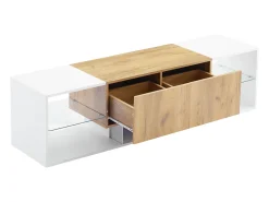 Móvel para TV de 160x40x42cm com 2 gavetas e 2 prateleiras em vidro, LED incluído, estrutura em madeira com detalhes em branco.