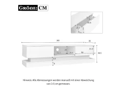 Móvel para TV em lacado branco brilhante com iluminação LED e 2 gavetas, 160 x 35 x 40,5 cm