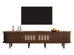 Móvel para TV em nogueira escura - 180 x 40 x 40 cm - design em rattan - com porta + 2 gavetas - MDF - marrom