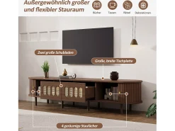 Móvel para TV em nogueira escura - 180 x 40 x 40 cm - design em rattan - com porta + 2 gavetas - MDF - marrom