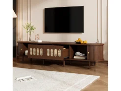 Móvel para TV em nogueira escura - 180 x 40 x 40 cm - design em rattan - com porta + 2 gavetas - MDF - marrom