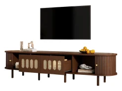Móvel para TV em nogueira escura - 180 x 40 x 40 cm - design em rattan - com porta + 2 gavetas - MDF - marrom