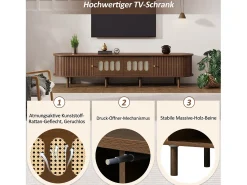 Móvel para TV em nogueira escura - 180 x 40 x 40 cm - design em rattan - com porta + 2 gavetas - MDF - marrom