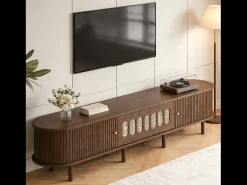 Móvel para TV em nogueira escura - 180 x 40 x 40 cm - design em rattan - com 3 portas - MDF - castanho