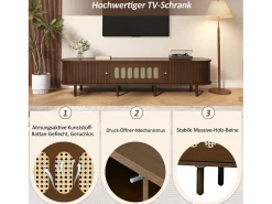 Móvel para TV em nogueira escura - 180 x 40 x 40 cm - design em rattan - com 3 portas - MDF - castanho
