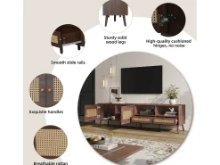 Móvel para TV em rattan com 2 gavetas e 2 portas, em madeira, para televisores de 80 polegadas, 200 x 37 x 49 cm