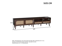 Móvel para TV em rattan com 2 gavetas e 2 portas, em madeira, para televisores de 80 polegadas, 200 x 37 x 49 cm