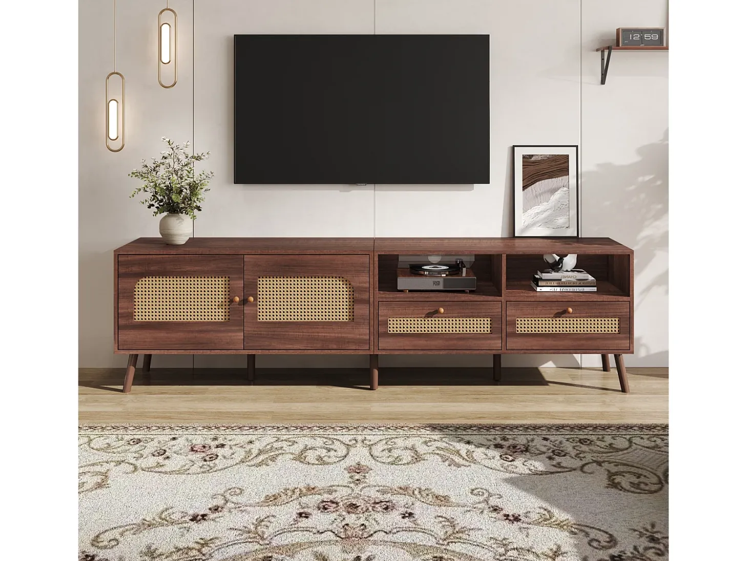 Móvel para TV em rattan com 2 gavetas e 2 portas, em madeira, para televisores de 80 polegadas, 200 x 37 x 49 cm