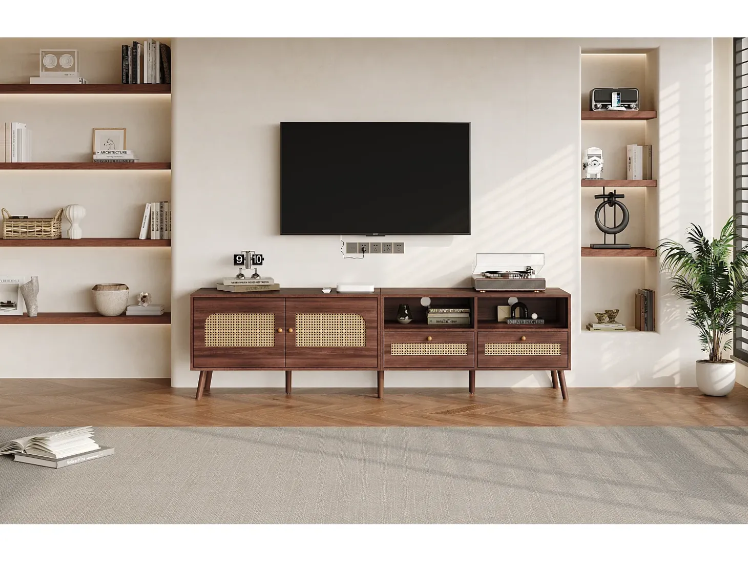Móvel para TV em rattan com 2 gavetas e 2 portas, em madeira, para televisores de 80 polegadas, 200 x 37 x 49 cm