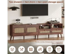 Móvel para TV em rattan com 2 gavetas e 2 portas, em madeira, para televisores de 80 polegadas, 200 x 37 x 49 cm
