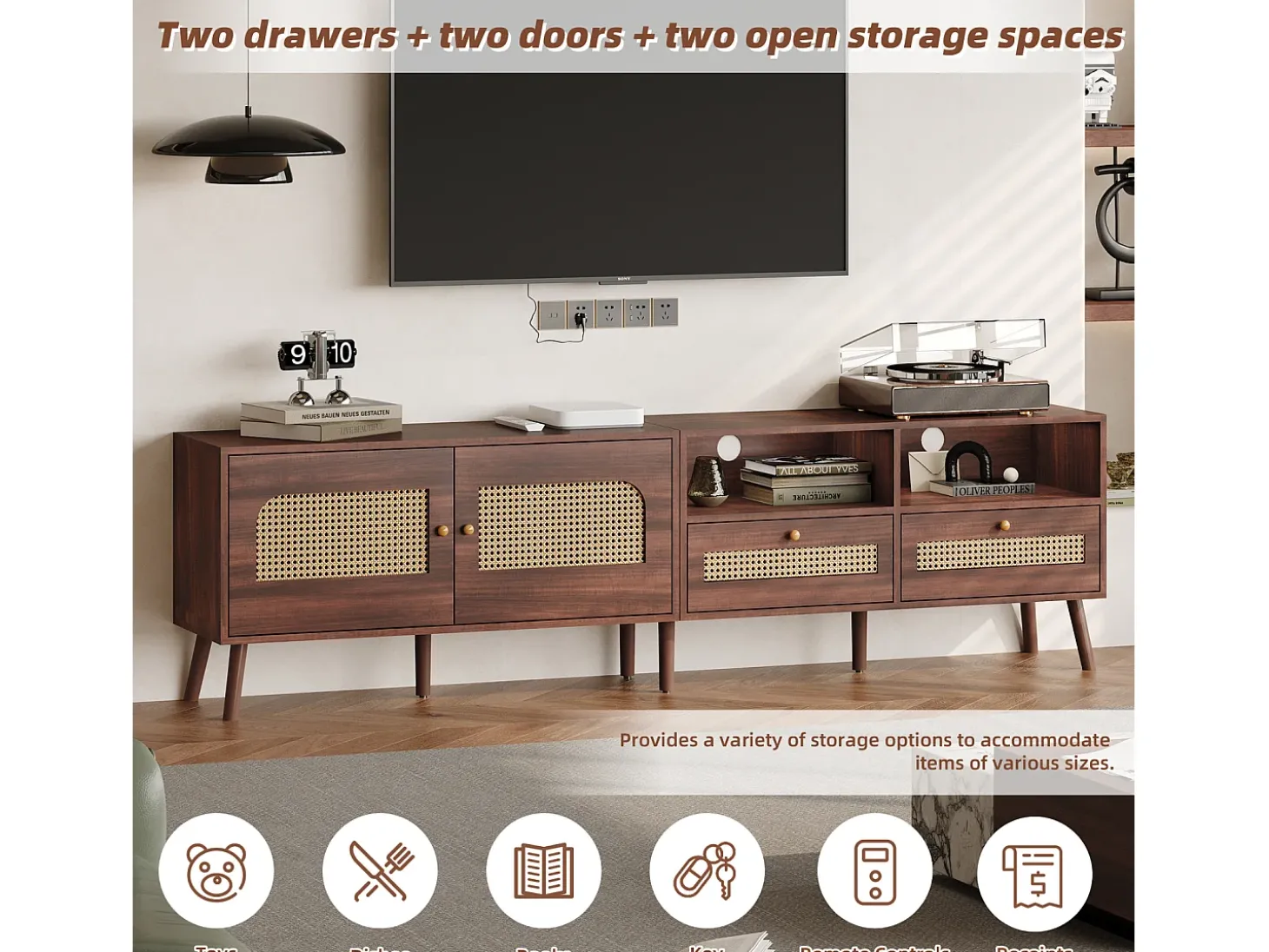 Móvel para TV em rattan com 2 gavetas e 2 portas, em madeira, para televisores de 80 polegadas, 200 x 37 x 49 cm
