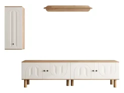 Móvel para TV, espaço de arrumação e prateleiras de parede para sala de estar, com 5 portas, branco e natural.