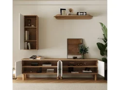 Móvel para TV, espaço de arrumação e prateleiras de parede para sala de estar, com 5 portas, branco e natural.