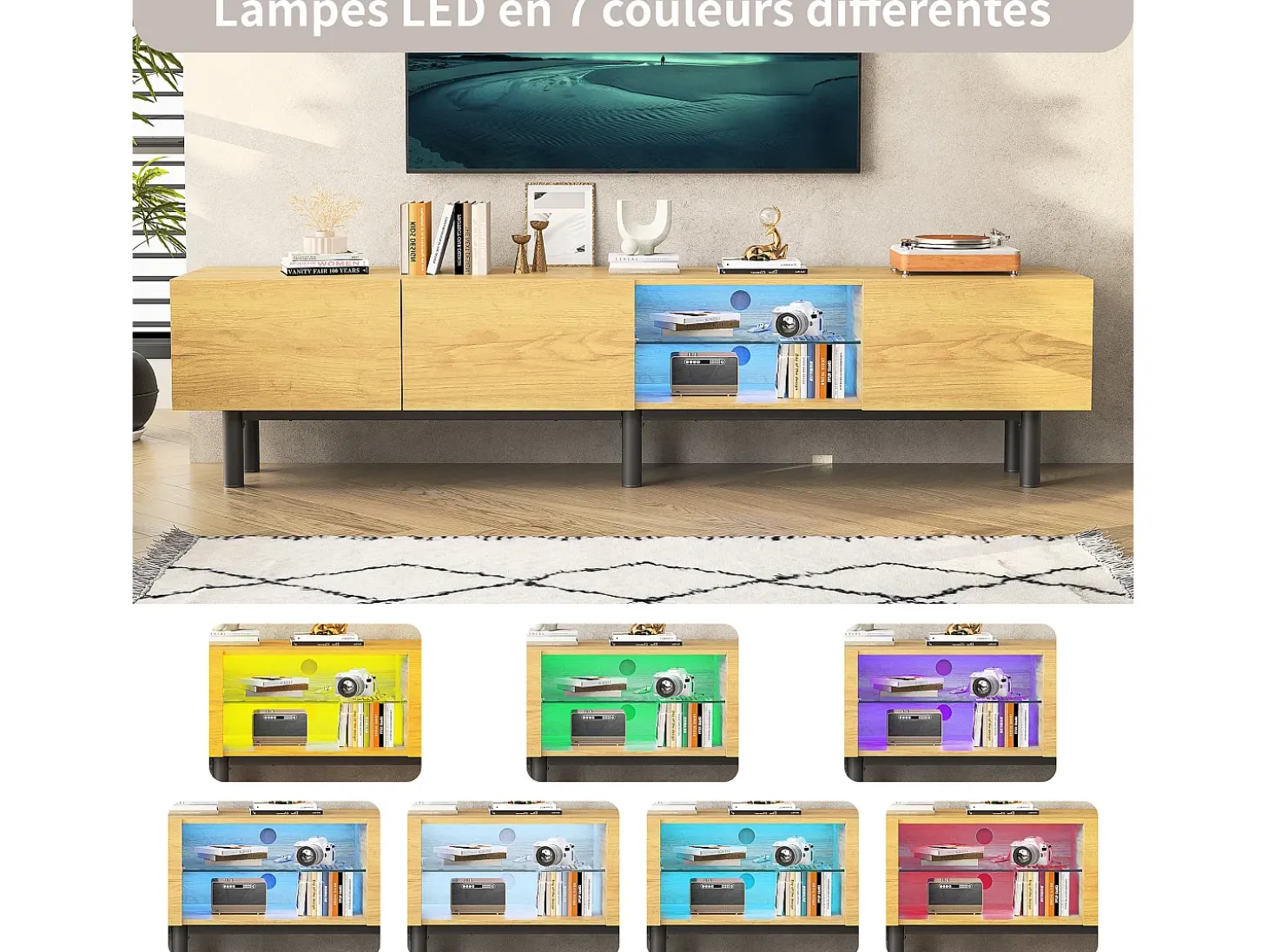 Móvel para TV, estilo industrial, 175 cm, com iluminação LED, prateleiras e espaço de armazenamento, 3 portas, madeira.