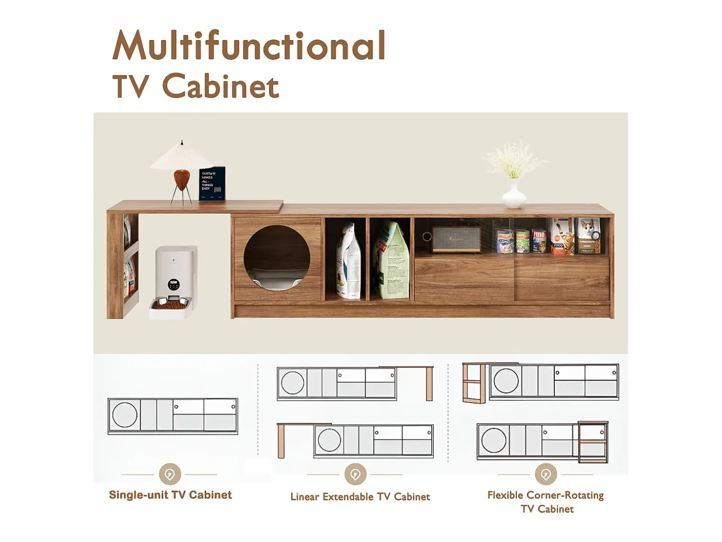 Móvel para TV giratório 180(+80)x40x50 cm - espaço de descanso para animais de estimação - portas corrediças - prateleiras abertas - cor natural