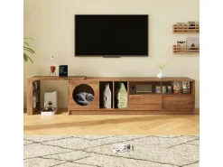 Móvel para TV giratório 180(+80)x40x50 cm - espaço de descanso para animais de estimação - portas corrediças - prateleiras abertas - cor natural
