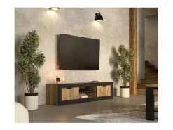 Móvel para TV MEUNIER – 2 portas & 5 nichos – Carvalho Samdal & Preto Fosco – 180×42×40 cm