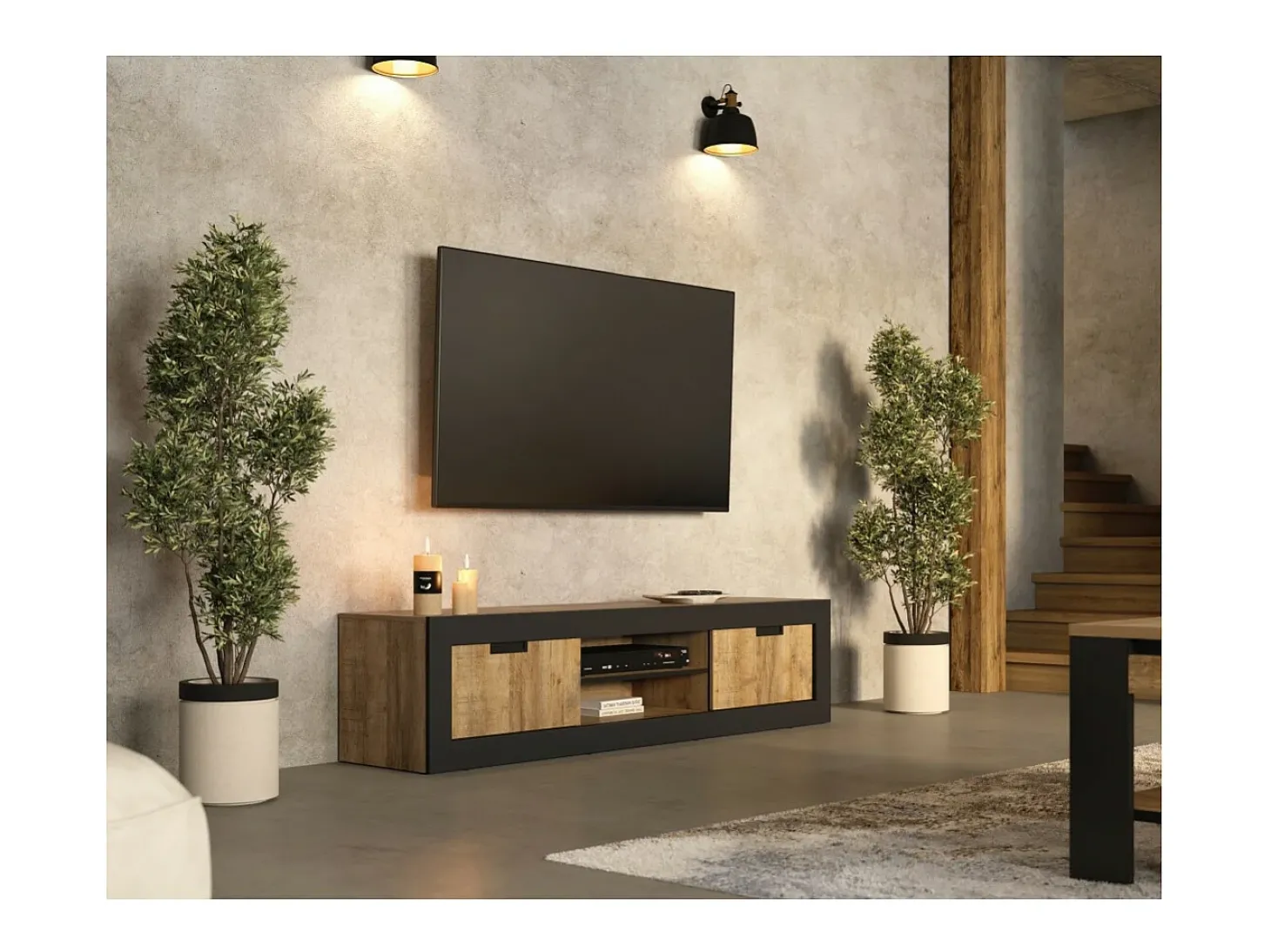 Móvel para TV MEUNIER – 2 portas & 5 nichos – Carvalho Samdal & Preto Fosco – 180×42×40 cm