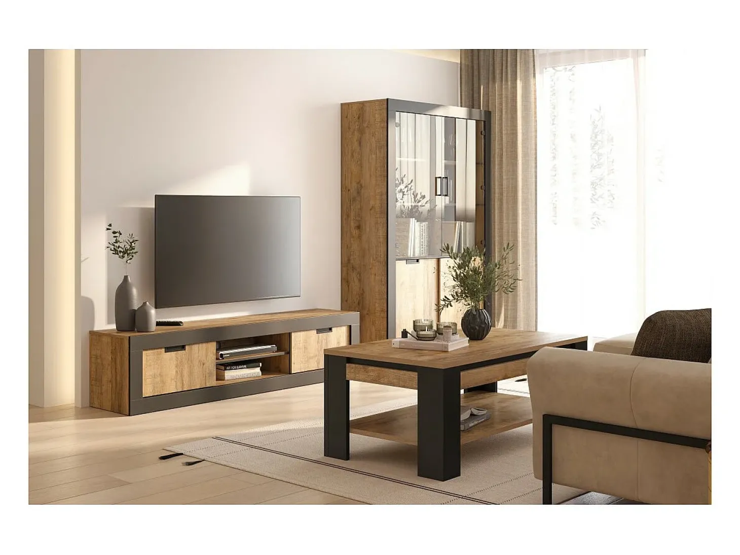 Móvel para TV MEUNIER – 2 portas & 5 nichos – Carvalho Samdal & Preto Fosco – 180×42×40 cm